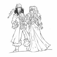 Desenho de Jack sparrow e princesa conversando para colorir