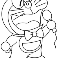 Desenho de Doraemon cantando no microfone para colorir