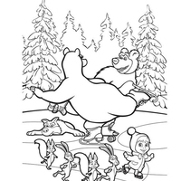 Desenho de Masha e o Urso e amigos patinando para colorir