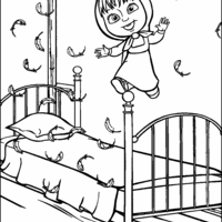 Desenho de Masha se equilibrando no pé da cama para colorir