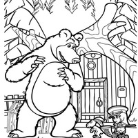 Desenho de Urso ajudando Masha a caçar para colorir