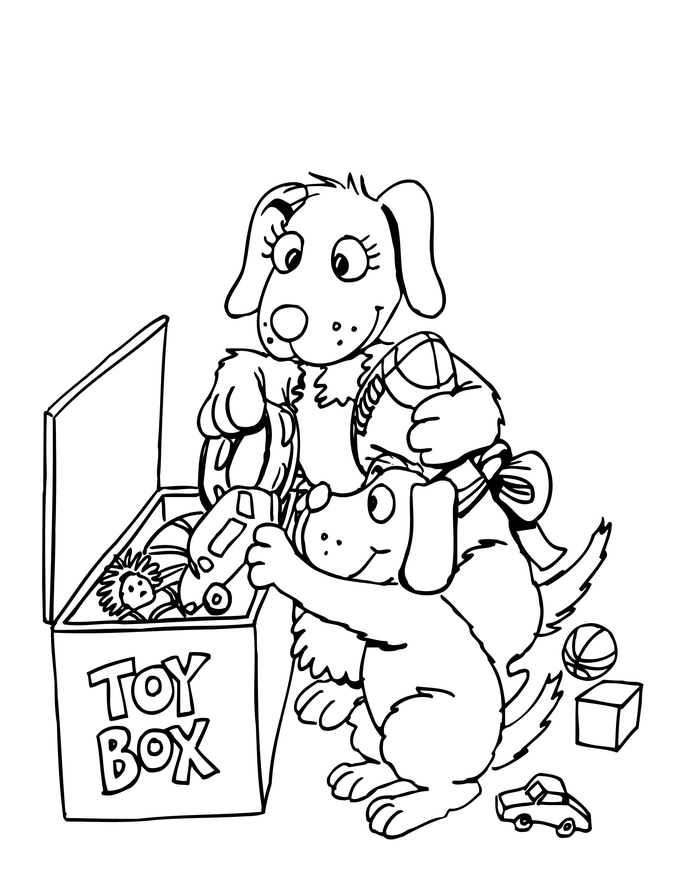 Cachorrinhos vendo caixa de brinquedos