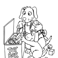 Desenho de Cachorrinhos vendo caixa de brinquedos para colorir