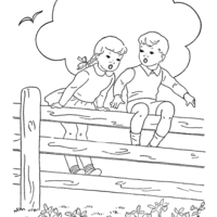 Desenho de Crianças sentadas na cerca para colorir
