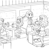 Desenho de Lego Friends dentro da cafeteria para colorir