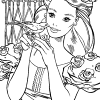 Desenho de Barbie e passarinho na gaiola para colorir