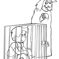 Desenho de Bruxa prendendo menino na gaiola para colorir