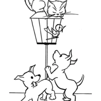 Desenho de Gatos e cachorros ao lado de gaiola para colorir