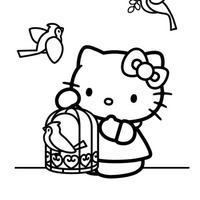Desenho de Hello Kitty e gaiola de passarinho para colorir
