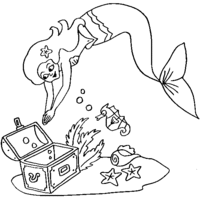 Desenho de Sereia mergulhando no baú para colorir
