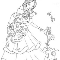 Desenho de Mulher vendo flores para colorir