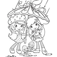 Desenho de Moranguinha e amiga na chuva para colorir