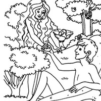 Desenho de Adão e Eva comendo maçã para colorir