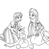 Desenho de Elsa e Anna montando boneco de neve para colorir