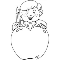 Desenho de Menino com lápis e maçã para colorir