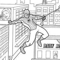 Desenho de Homem Aranha pulando entre edifícios para colorir