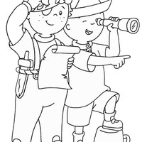 Desenho de Leo e Caillou brincando de exploradores para colorir