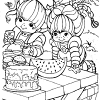 Desenho de Rainbow Brite e amiga comendo para colorir