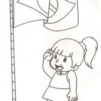 Desenho de Menina fazendo continência para Bandeira do Brasil para colorir