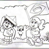 Desenho de Meninos desfilando com Bandeira do Brasil para colorir