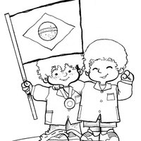Desenho de Meninos e Bandeira do Brasil para colorir