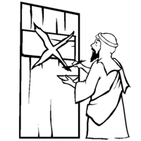 Desenho de Homem proibindo entrada pela porta para colorir