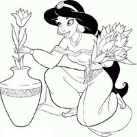 Desenho de Jasmine colocando flores no vaso para colorir