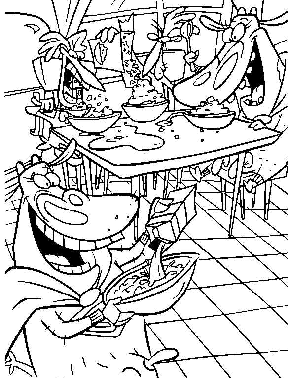 Desenho para colorir de A vaca e o frango em sala de jogos eletrônicos