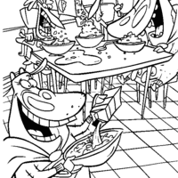 Desenho de A vaca e o frango comendo no bar para colorir