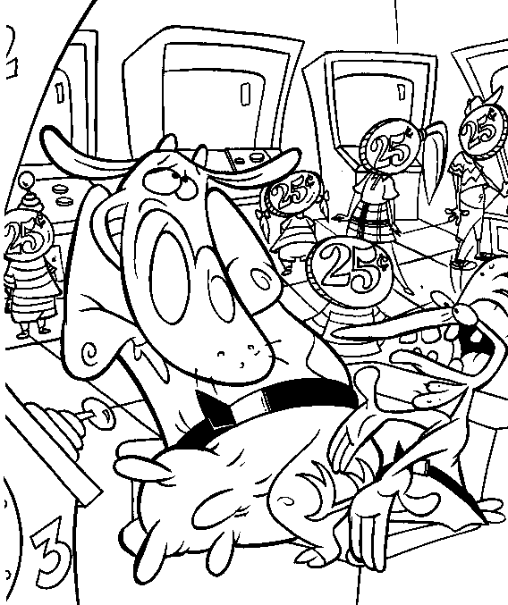 Desenho para colorir de A vaca e o frango em sala de jogos eletrônicos