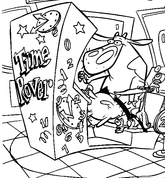 Desenho para colorir de A vaca e o frango em sala de jogos eletrônicos