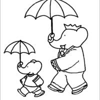 Desenho de Babar e filho na chuva para colorir