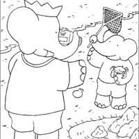 Desenho de Babar e filho soltando pipa para colorir