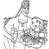 Desenho de Pocahontas e seu pai colhendo milho para colorir