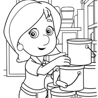 Desenho de Kelly organizando latas de tinta para colorir