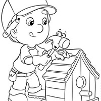Desenho de Manny fazendo casinha de madeira para colorir