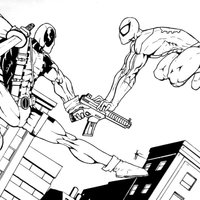 Desenho de Deadpool lutando contra inimigo para colorir