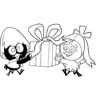 Desenho de Calimero e Priscila com caixa de presente para colorir