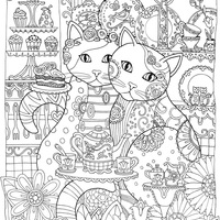 Desenho de Gatinhos tomando café para adultos para colorir