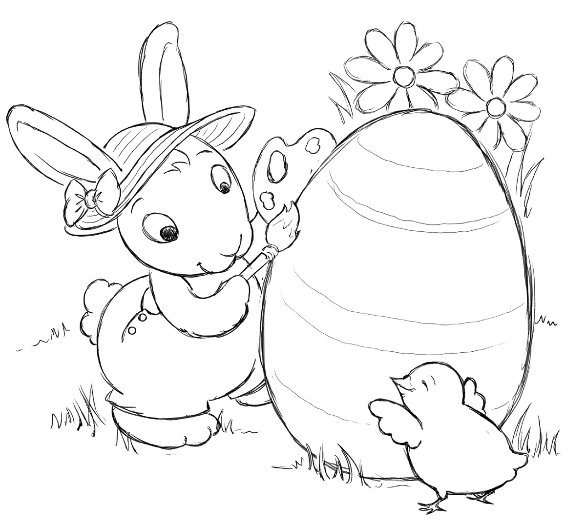Coelha e pintinho cuidando de ovo de pascoa