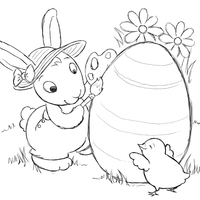 Desenho de Coelha e pintinho cuidando de ovo de Páscoa para colorir