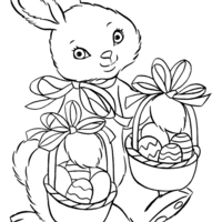 Desenho de Coelhinho carregando duas cestas de ovos de Páscoa para colorir