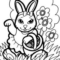 Desenho de Coelhinha passeando com cesta de ovos da Páscoa para colorir
