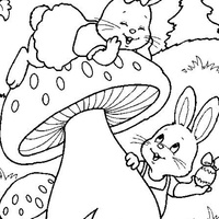Desenho de Coelhinhos da Páscoa no cogumelo para colorir