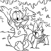 Desenho de Donald e Margarida no jardim para colorir
