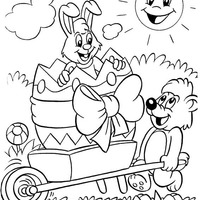 Desenho de Coelho da Páscoa sendo carregado dentro do ovo para colorir