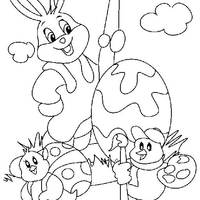 Desenho de Coelho e ajudantes deixando ovos prontos para colorir