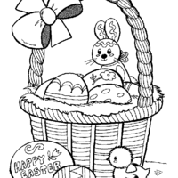 Desenho de Coelho e pintinho cuidando de cesta de Páscoa para colorir