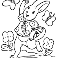 Desenho de Coelho feliz passeando com cestinha de ovos para colorir