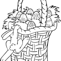 Desenho de Coelho pulando na cesta de ovos de Páscoa para colorir